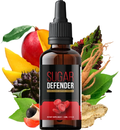Sugar Defender blood sugar support dropper bottle with fruits and herbs