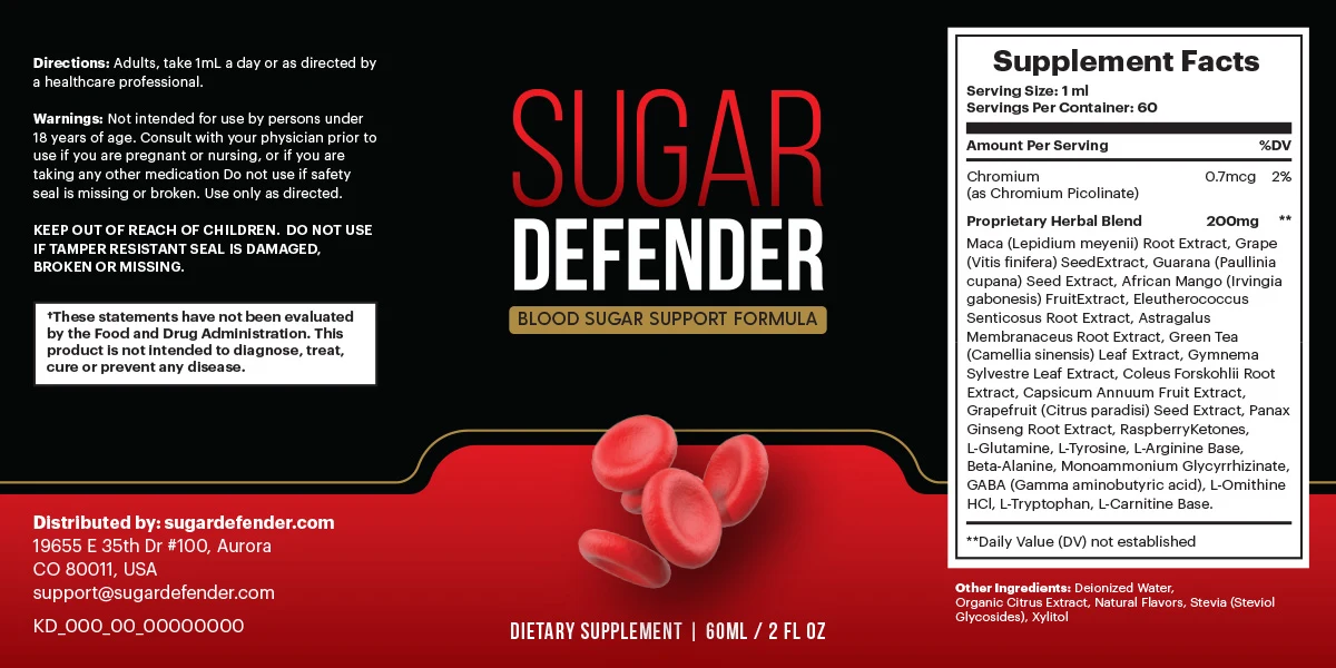 Sugar Defender Supplement Facts label with directions and warnings